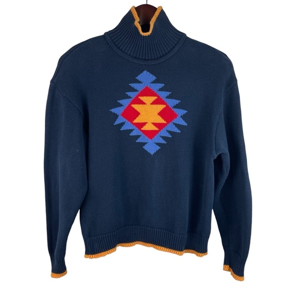 Liz & Co. Vintage |  Navy Gold Trim Aztec Mock Neck Sweater - Picture 1 of 8